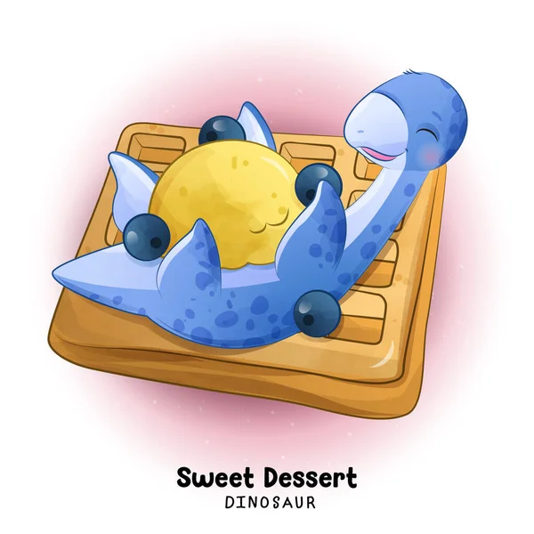 水彩イラストで恐竜の甘いデザートを人形 — ストックベクタ