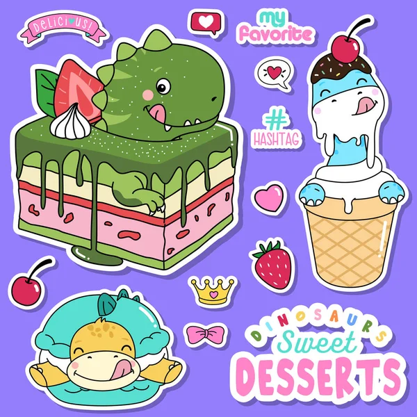 Doodle Dinosaurier Süße Dessertillustration Sammlung — Stockvektor