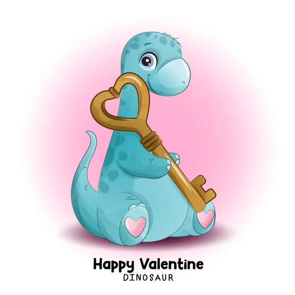 Dinosauro Doodle San Valentino Con Illustrazione Acquerello — Vettoriale Stock