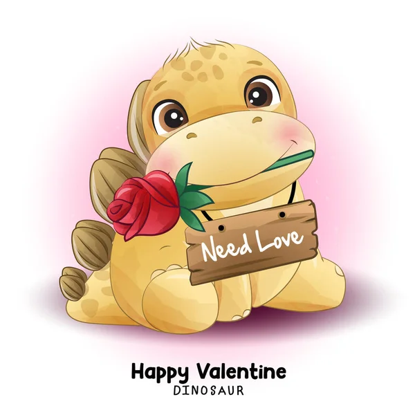 水彩画のイラストで恐竜のバレンタインを人形 — ストックベクタ
