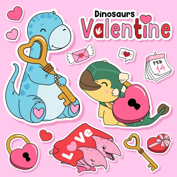 人形恐竜バレンタインイラストコレクション — ストックベクタ