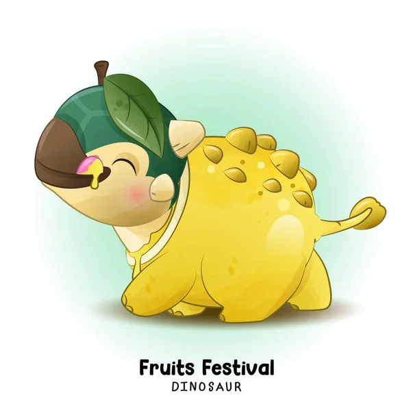 水彩イラストで恐竜の果物祭りを人形 — ストックベクタ