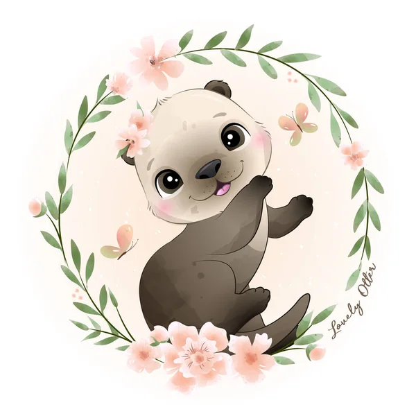 Doodle Otter Med Blomma Krans Akvarell Illustration — Stock vektor