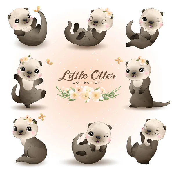 Doodle Otter Pose Avec Illustration Aquarelle — Image vectorielle