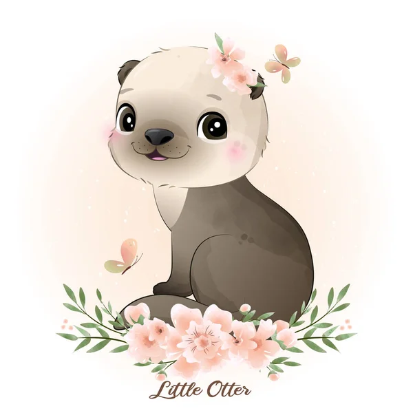 Doodle Otter Med Blomma Krans Akvarell Illustration — Stock vektor