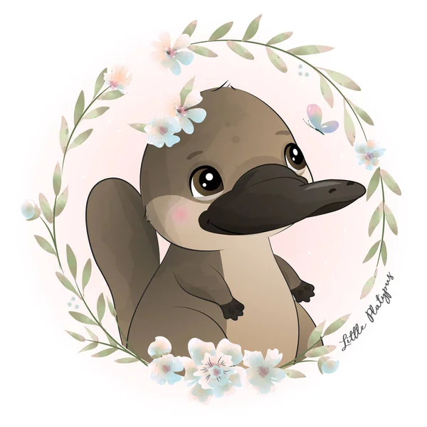 带有花卉水彩画的可爱的小鸭嘴兽 — 图库矢量图片
