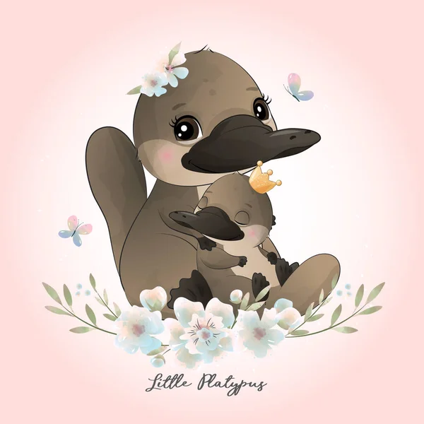 Cute Little Platypus Kwiatowym Akwarela Ilustracja — Wektor stockowy