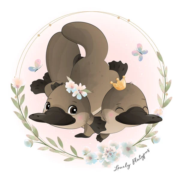 Cute Little Platypus Floral Watercolor Illustration — Stock Vector