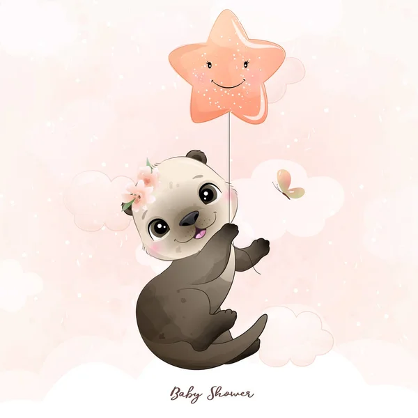 Doodle Otter Med Liten Stjärna Akvarell Illustration — Stock vektor