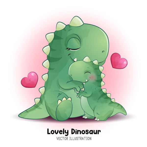 Doodle Dinosaurus Matka Dítě Akvarelem Ilustrace — Stockový vektor