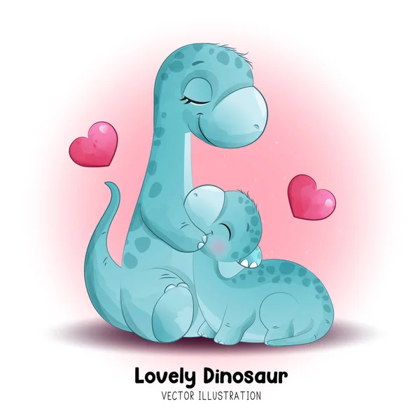 Doodle Dinosaurus Matka Dítě Akvarelem Ilustrace — Stockový vektor
