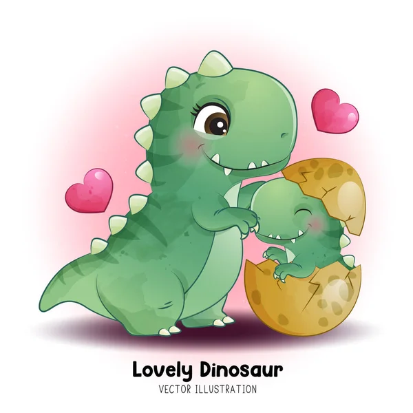 Doodle Dinosaurus Moeder Baby Met Aquarel Illustratie — Stockvector