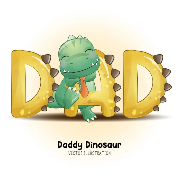Doodle Dinosaurier Mit Papa Schriftzug Aquarell Illustration — Stockvektor