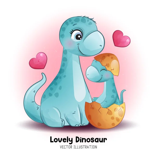 Doodle Dinossauro Mãe Bebê Com Ilustração Aquarela — Vetor de Stock