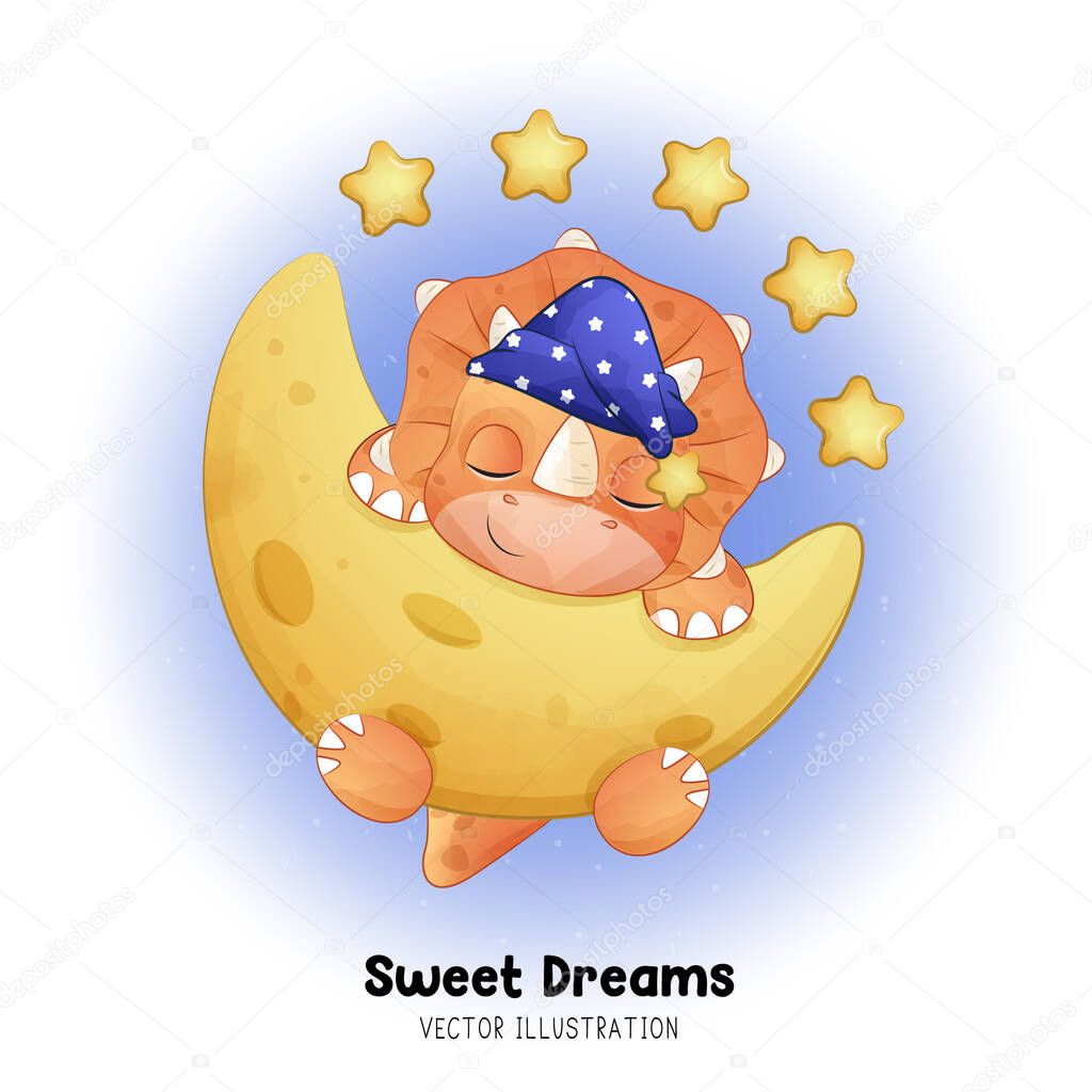Doodle Dinosaurio Durmiendo Luna Con Ilustración Acuarela Vector