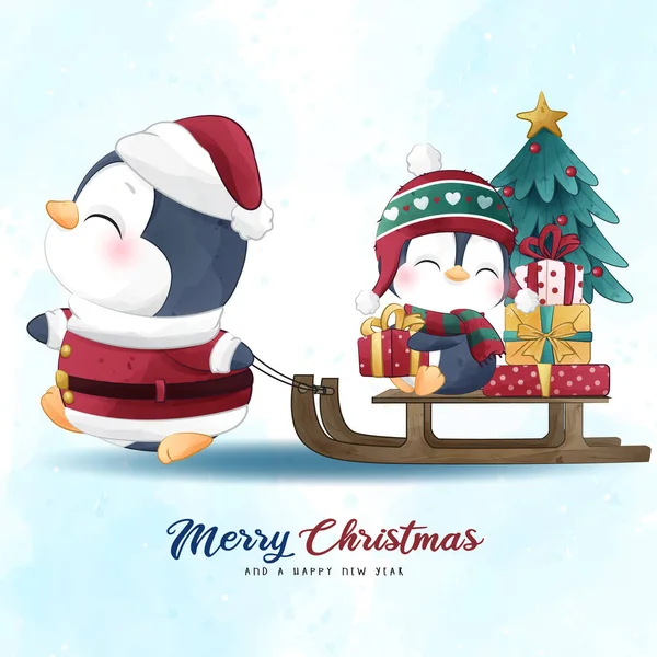 Rozkošné Tučňák Vánoce Akvarelem Ilustrace — Stockový vektor
