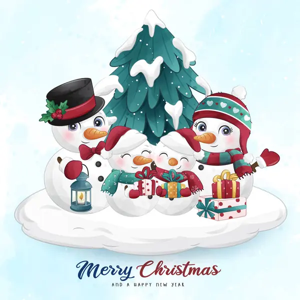 可爱的雪人圣诞与水彩画 — 图库矢量图片