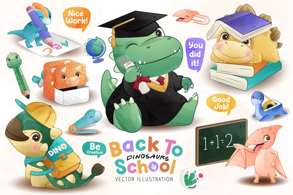 Bedårande Dinosaurier Tillbaka Till Skolan Samling Med Akvarell Illustration — Stock vektor