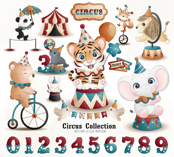 stock vector Adorable animals circus and numbering collection with watercolor illustration