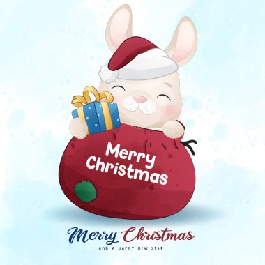 Adorable little bunny merry christmas with watercolor illustration clipart