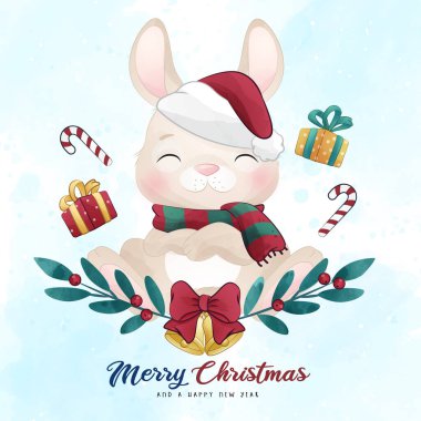 Adorable little bunny merry christmas with watercolor illustration clipart