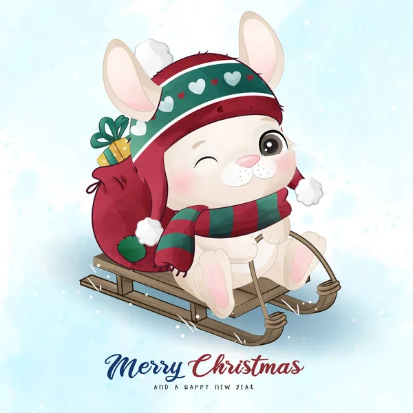 Roztomilý Malý Králíček Veselé Vánoce Akvarelem Ilustrace — Stockový vektor