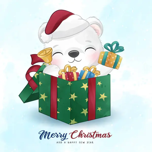 Rozkošné Polární Medvěd Veselé Vánoce Akvarelem Ilustrace — Stockový vektor