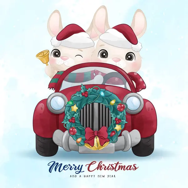 Adorable Petit Lapin Joyeux Noël Avec Illustration Aquarelle Graphismes Vectoriels