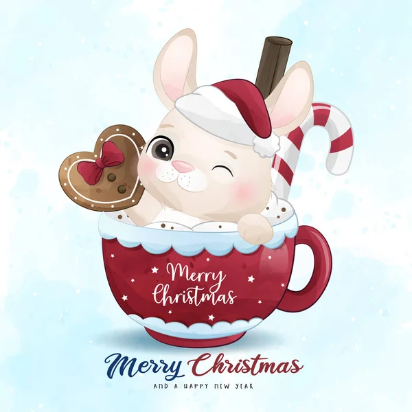 Adorable Petit Lapin Joyeux Noël Avec Illustration Aquarelle Vecteurs De Stock Libres De Droits
