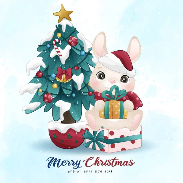 Adorable Petit Lapin Joyeux Noël Avec Illustration Aquarelle Illustration De Stock
