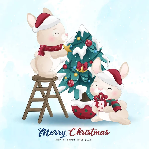 Entzückende Kleine Häschen Frohe Weihnachten Mit Aquarell Illustration lizenzfreie Stockvektoren