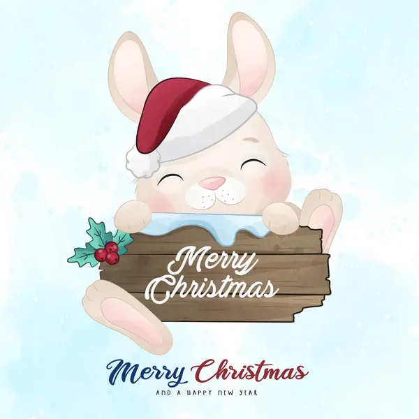 Adorable Petit Lapin Joyeux Noël Avec Illustration Aquarelle Illustrations De Stock Libres De Droits
