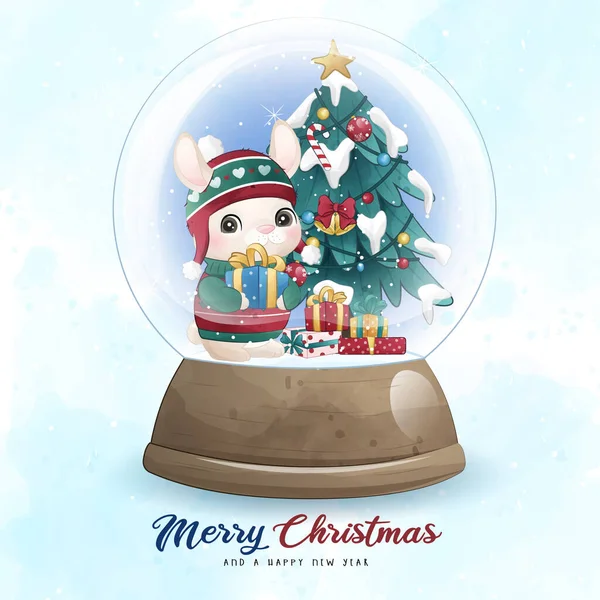 Adorable Petit Lapin Joyeux Noël Avec Illustration Aquarelle Vecteur En Vente