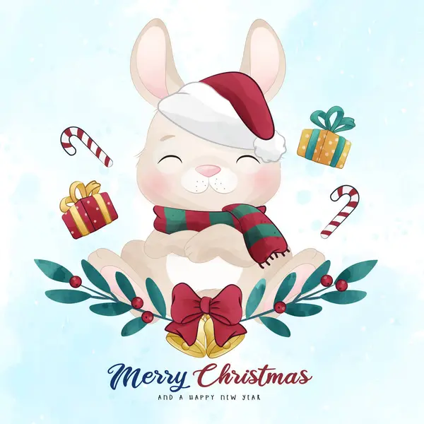 Entzückende Kleine Häschen Frohe Weihnachten Mit Aquarell Illustration Stockillustration