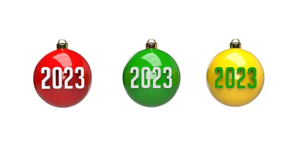 Belle Palline Natale Colorate 2023 Bagattelle Sfondo Bianco Spazio Copia — Foto Stock