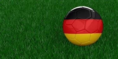 Ülke bayrağı desenli Almanya futbolu. Futbol turnuvası konsepti. Spor bahisleri. Gerçekçi 3D oluşturulmuş çimen arkaplanı, kopyalama alanı. 26 resim kümesi.
