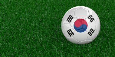 Ülke bayrağı desenli Kore futbolu. 2022 Dünya Kupası, Katar futbol turnuvası konsepti. Spor bahisleri. Gerçekçi 3D oluşturulmuş çimen arkaplanı, kopyalama alanı. 26 resim kümesi.