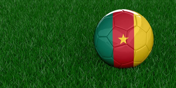 Ülke bayrağı desenli Kamerun Ulusal Futbol. Futbol turnuvası konsepti. Spor bahisleri. Gerçekçi 3D oluşturulmuş çimen arkaplanı, kopyalama alanı. 26 resim kümesi.