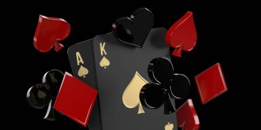 Lüks Ace ve King iskambil oynuyor ve siyah arka planda kumarhane sembolleri uçuruyor. Kopya alanı. Çevrimiçi mobil uygulamalar, spor bahisleri, poker, blackjack oyunları üç boyutlu görüntüleme, kırpma yolu.