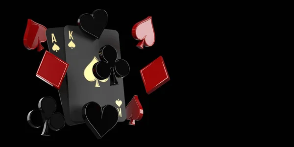 Lüks Ace ve King iskambil oynuyor ve siyah arka planda kumarhane sembolleri uçuruyor. Kopya alanı. Çevrimiçi mobil uygulamalar, spor bahisleri, poker, blackjack oyunları üç boyutlu görüntüleme, kırpma yolu.