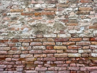 Faint plaster on traditional brick textured wall background in design loft style. Grunge reddish brown colored with copy space. Blank poster or wallpaper surface template. Partly damaged pattern.