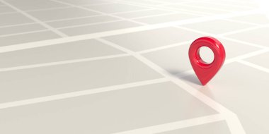 Harita arkaplanındaki kırmızı Pin Pointer simgesi, boşluğu kopyala. Navigasyon bulucu, GPS, yön, yer, pusula, bağlantı, arama konsepti. Logo, Web, UI, mobil uygulama için 3D görüntüleme tasarımı.