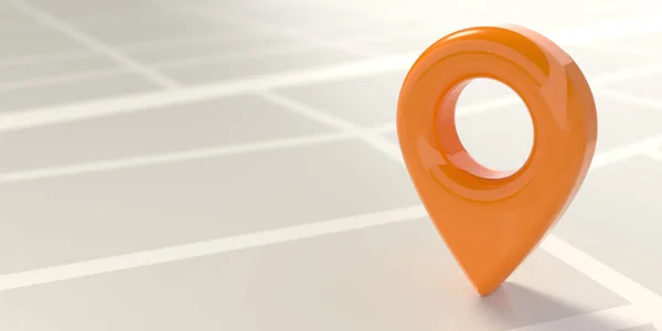 Orange Pin Pointer icon on map background, copy space. Navigation finder, gps, direction, place, compass, contact, search concept. 3D render location illustration design for logo, Web, UI, mobile app.