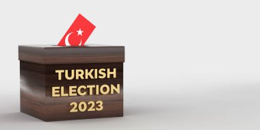 Türkiye 'de genel ve cumhurbaşkanlığı seçimleri 2023 konsepti. TURKISH ELEKSYON 2023 metin oy sandığına Türk bayrağı dizayn edilmiş. 3B oluşturulmuş beyaz arkaplan, kırpma yolu