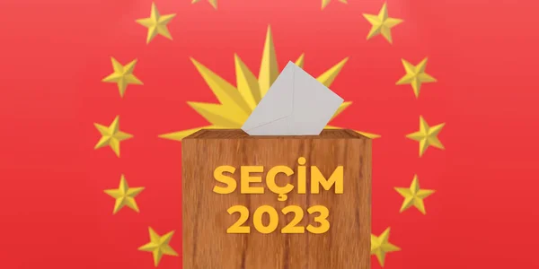 土耳其字母2023的白色信封的文字木箱上有土耳其总统旗的符号 3D渲染红色背景 剪切路径 土耳其2023年大选和总统选举概念 — 图库照片