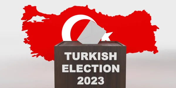General and Presidential elections in Turkey 2023 concept. White envelope in TURKISH ELECTION 2023 text ballot box on over Turkish flag map symbol. 3D rendered red background, clipping path