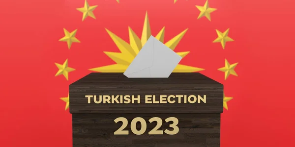 General and Presidential elections in Turkey 2023 concept. White envelope in TURKISH ELECTION 2023 text ballot box on Turkish Presidential flag symbol. 3D rendered red background, clipping path