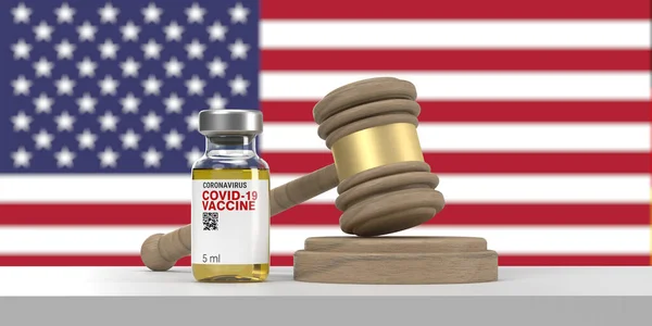 Covid-19 vaccine bottle and wooden judge\'s gavel on US flag. Law decisions on vaccination USA concept. 3D render illustration background, copy space and clipping path feature you can change flag easil