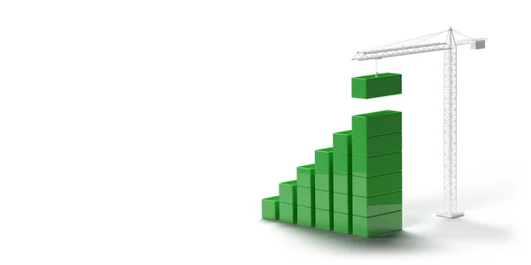 Żuraw Buduje Zielone Bloki Górze Renderowania Biznesu Budowlanego Finansów Projekt — Zdjęcie stockowe