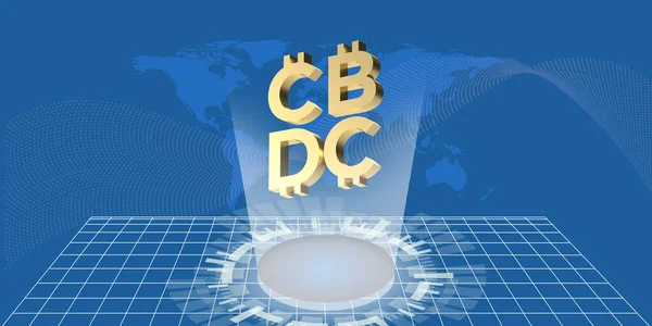 Golden CBDC futuristic digital money on global blue background, copy space. Central Bank Digital Currency banner for financial investment concept. Economy virtual crypto money trends 3D design